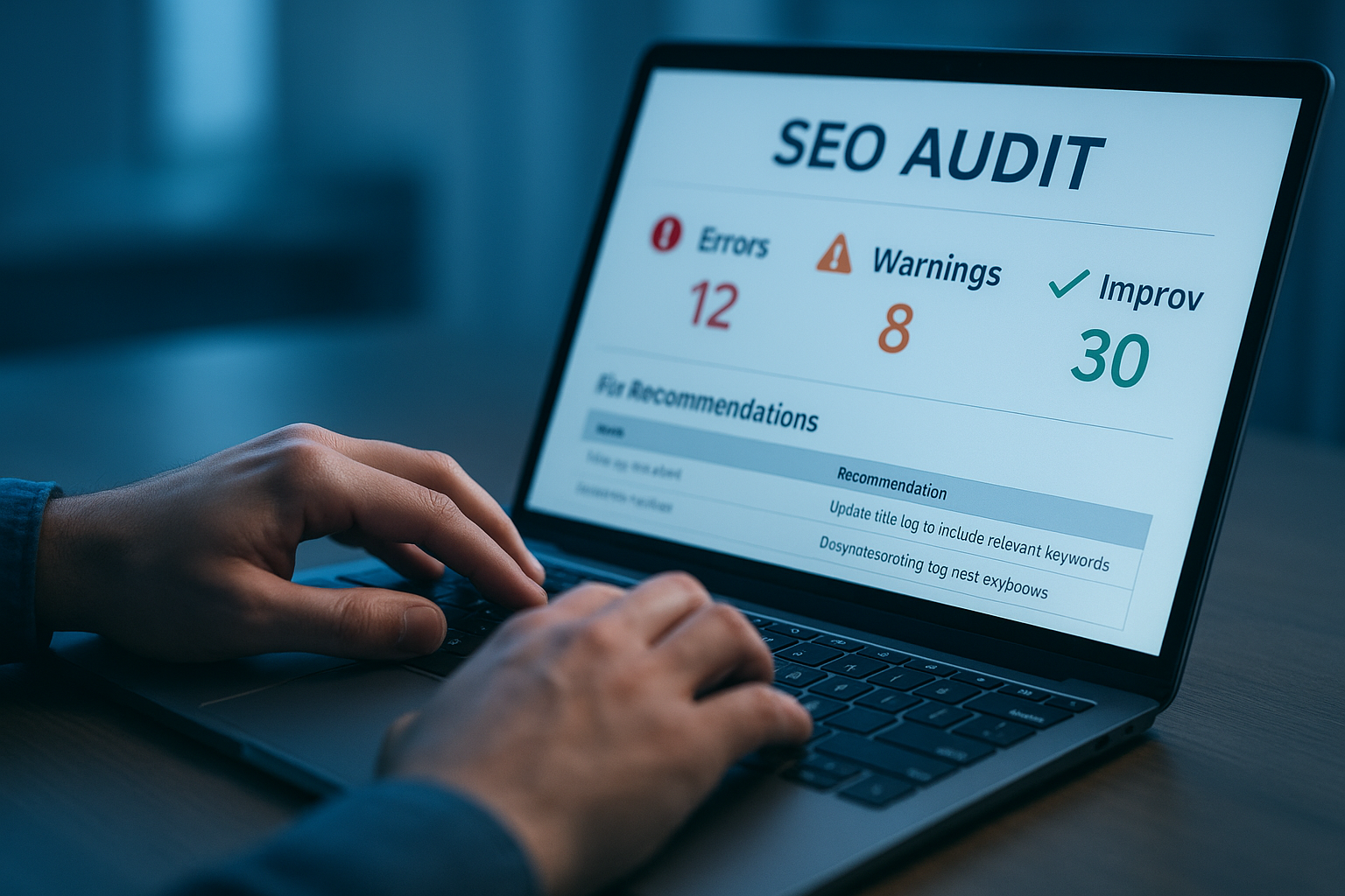 Website technical audit report displayed on a laptop screen during an SEO review session