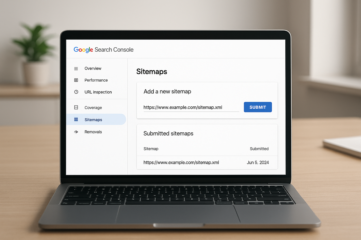 Google Search Console sitemaps section showing a submitted site map URL and indexing status