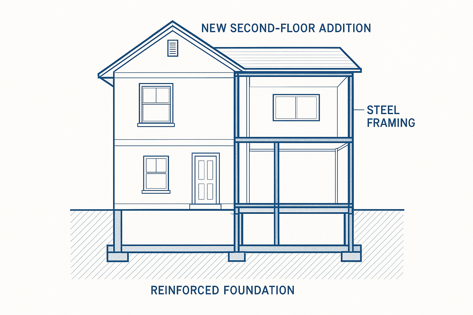 Structural engineering diagram showing reinforced framing for a second-story ADU addition