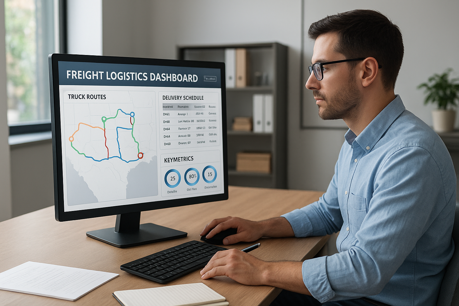 Freight broker reviewing truck routes and delivery schedules on a logistics dashboard