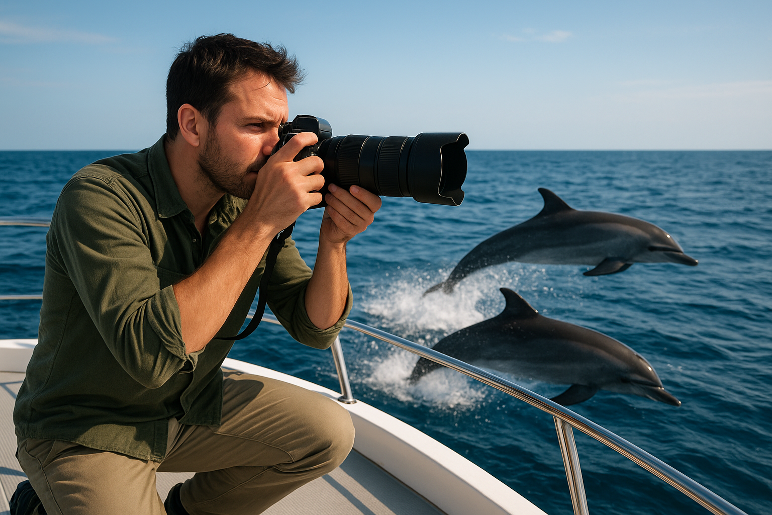 Photographer capturing dolphins from the deck of a San Diego charter boat