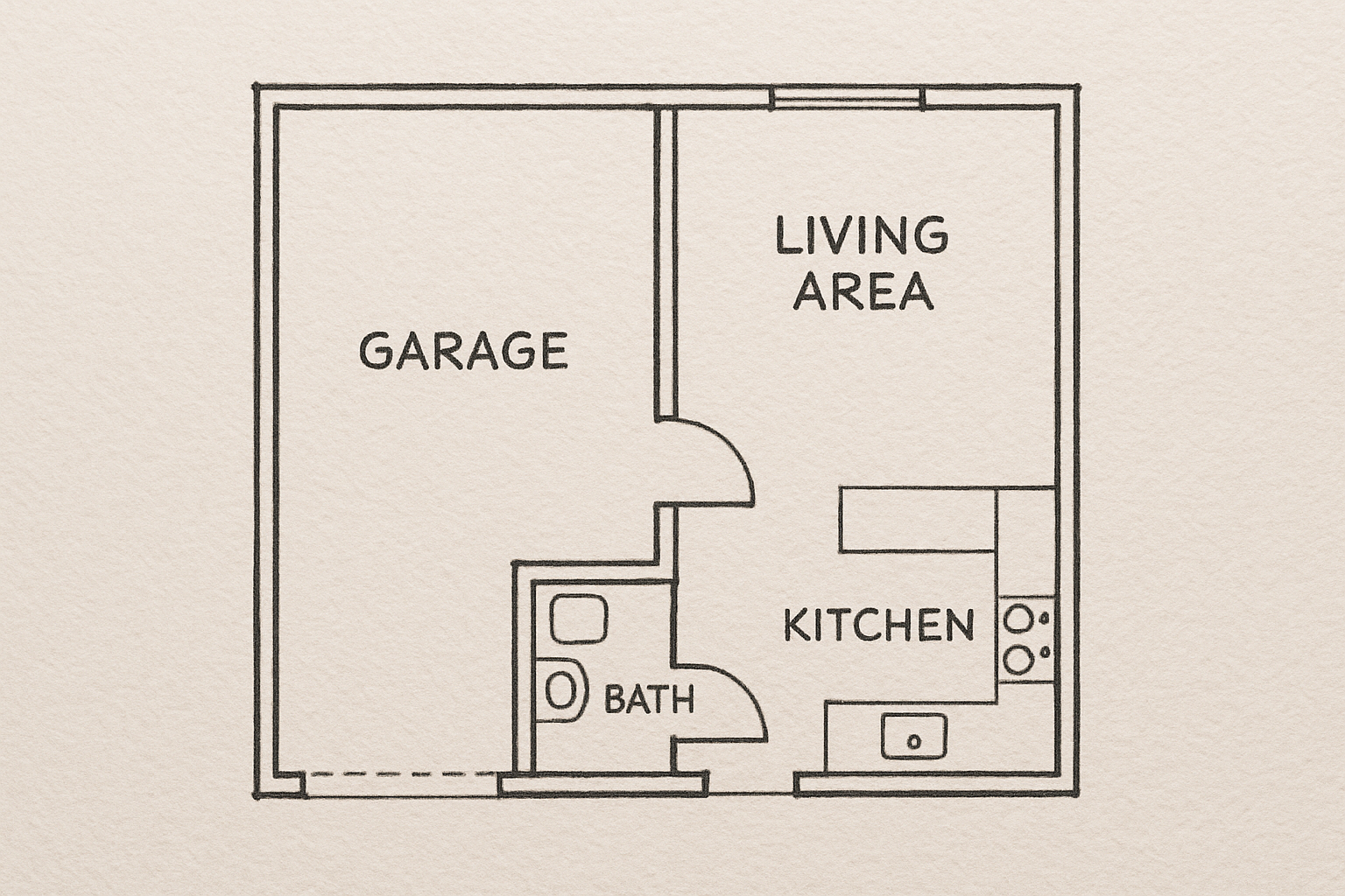 Floor plan sketch showing a junior ADU conversion layout inside an existing garage