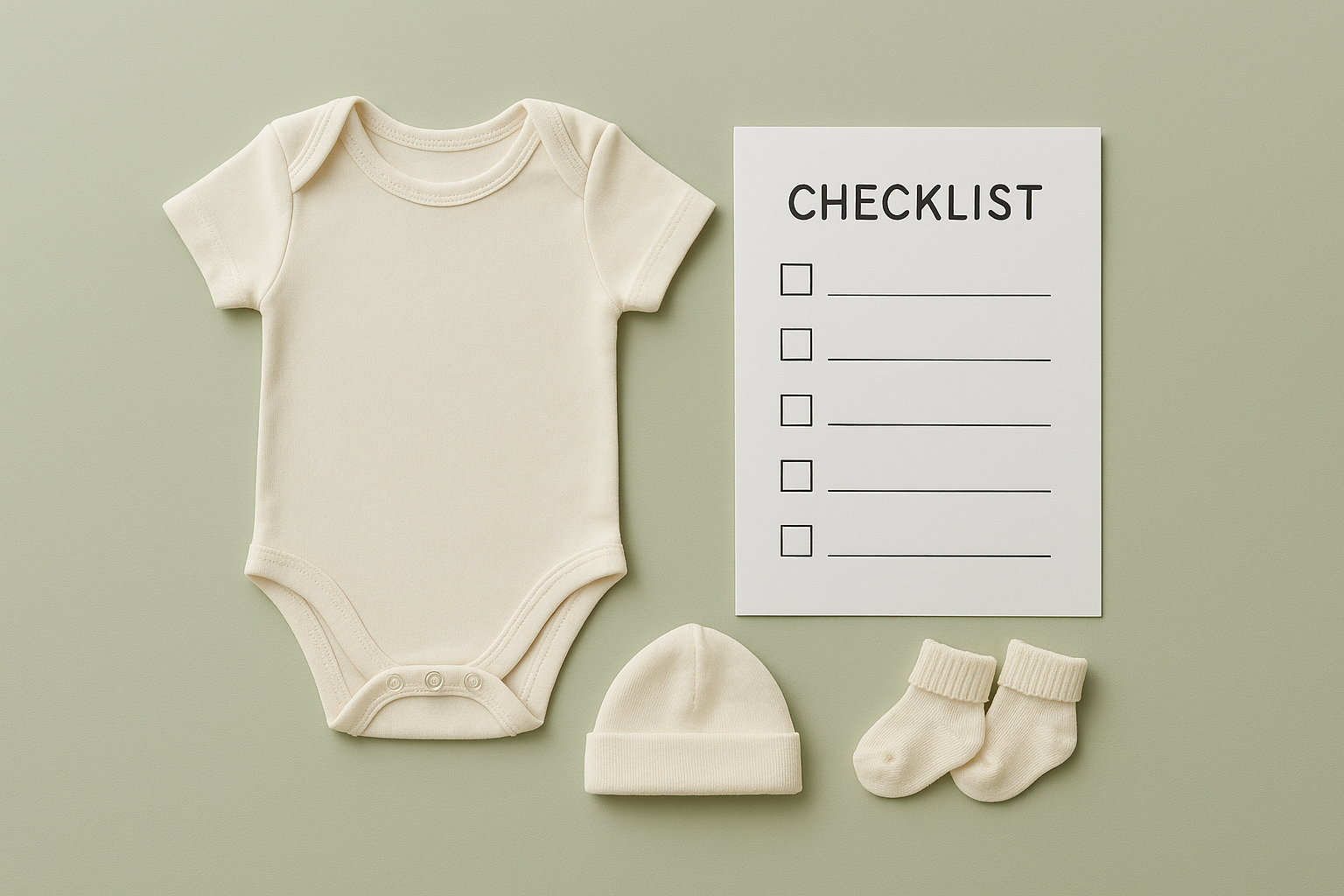 Checklist for evaluating a baby clothes rental service with baby clothing items arranged nearby