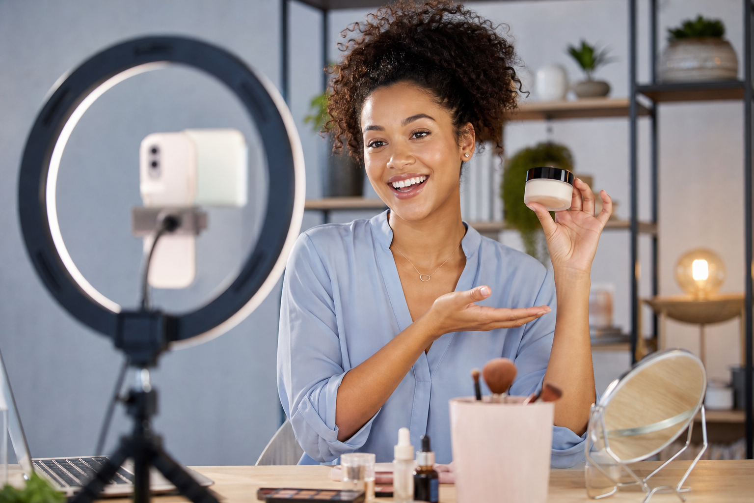Social media creator filming sponsored content in a home studio setup