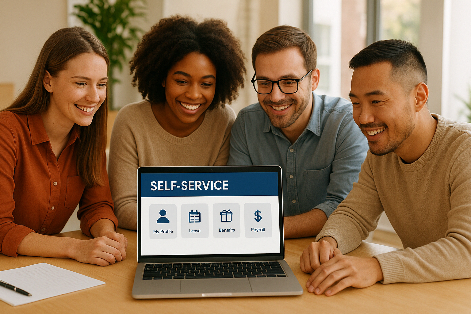 Team members using self-service HR software to update employee records