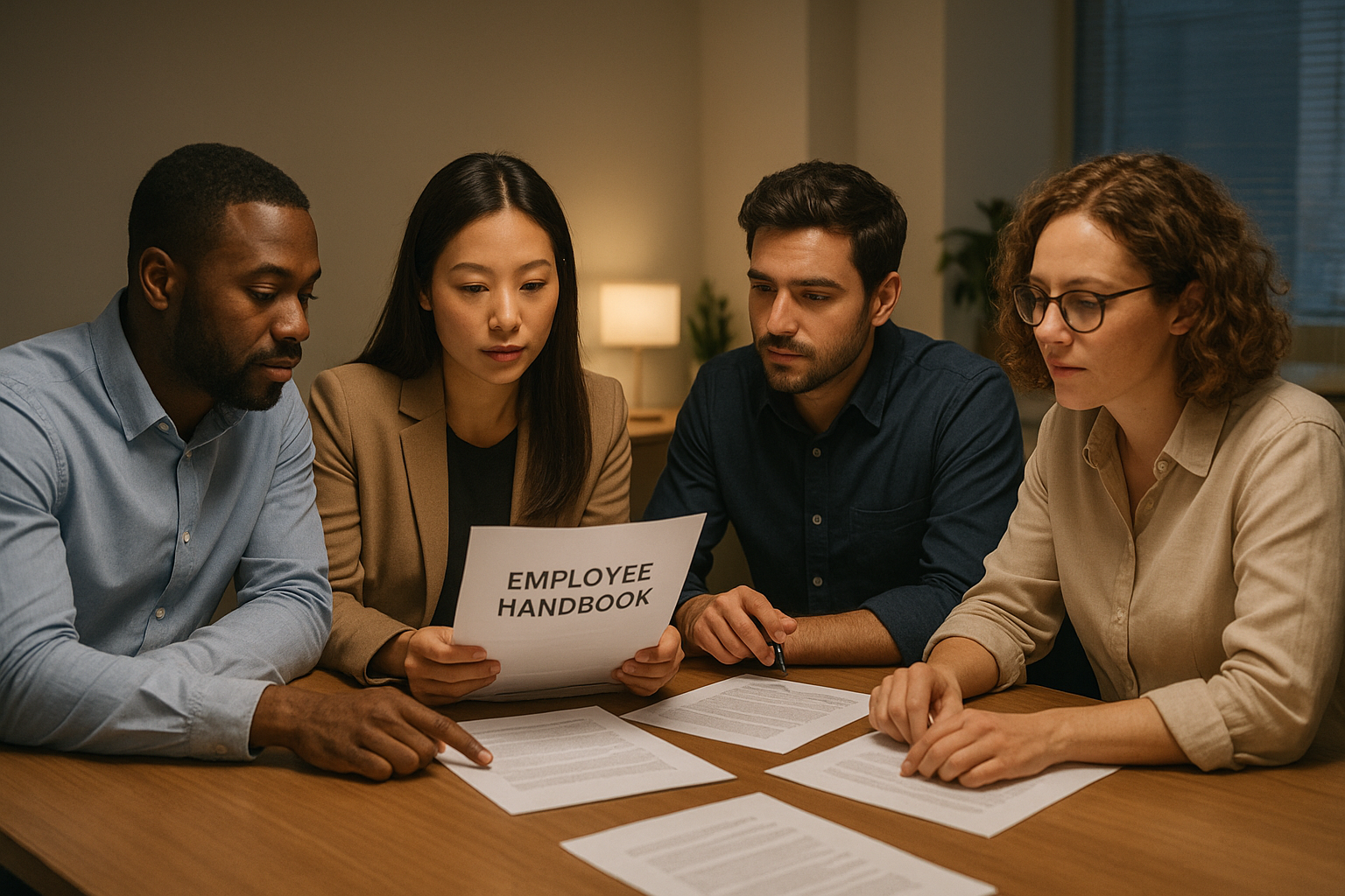Small business team reviewing HR documents after deciding to outsource HR functions