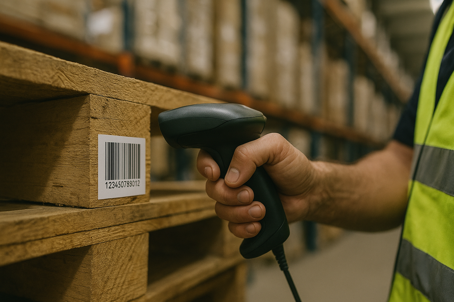 Warehouse worker scanning a freight pallet label to update shipment tracking status