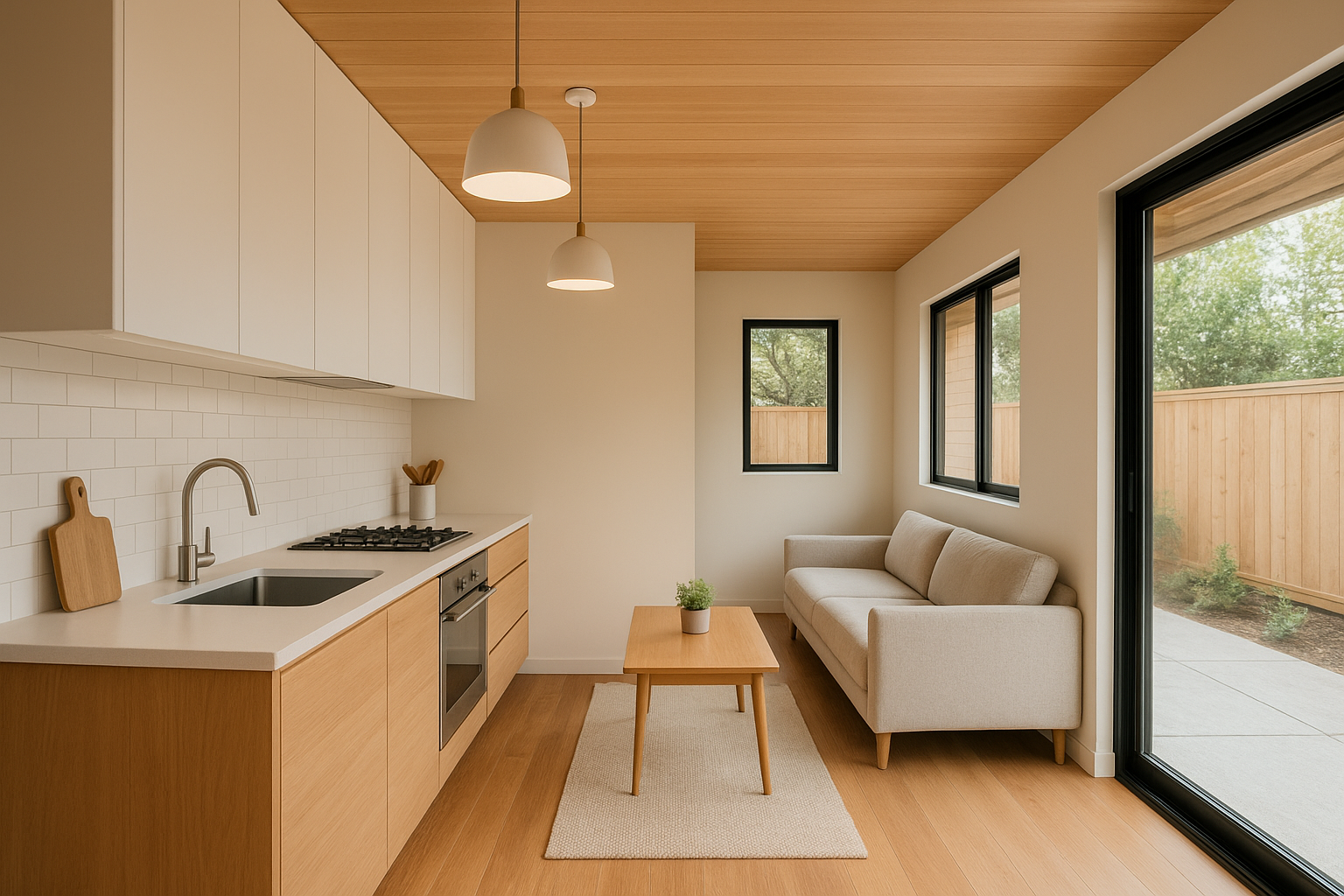 Modern ADU interior showing kitchen and living space with high-quality finishes