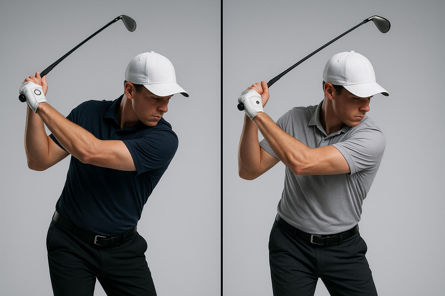 Side-by-side comparison of golfer swing positions used for biomechanical swing analysis
