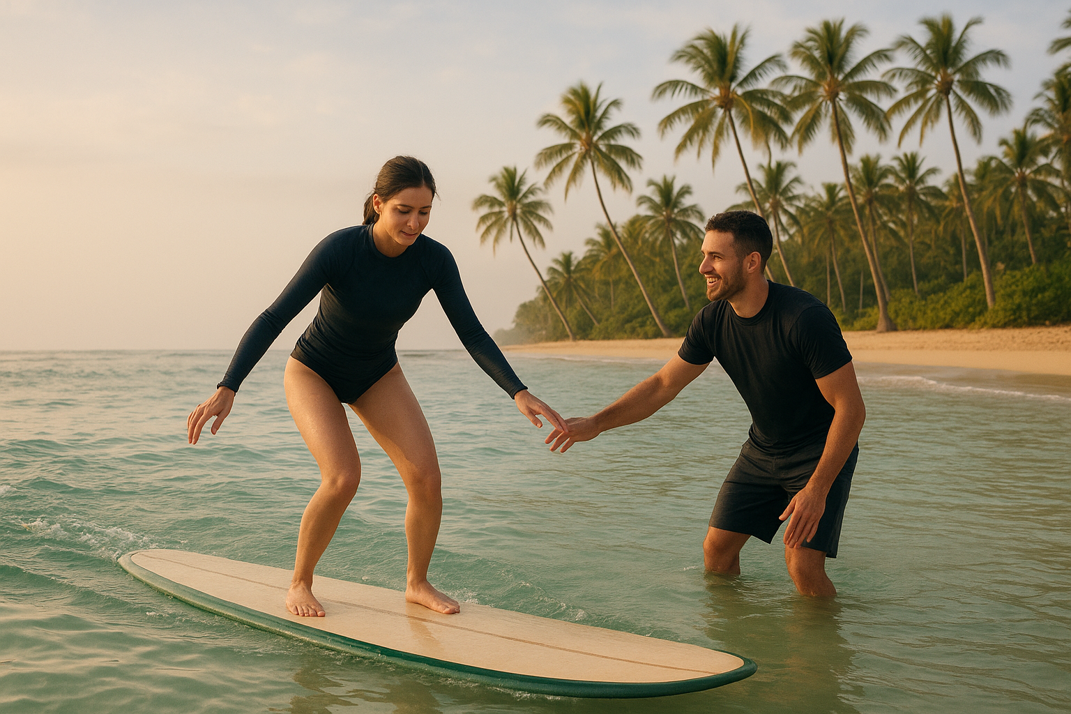 Surf instructor guiding a student during surfing lessons in Hawaii