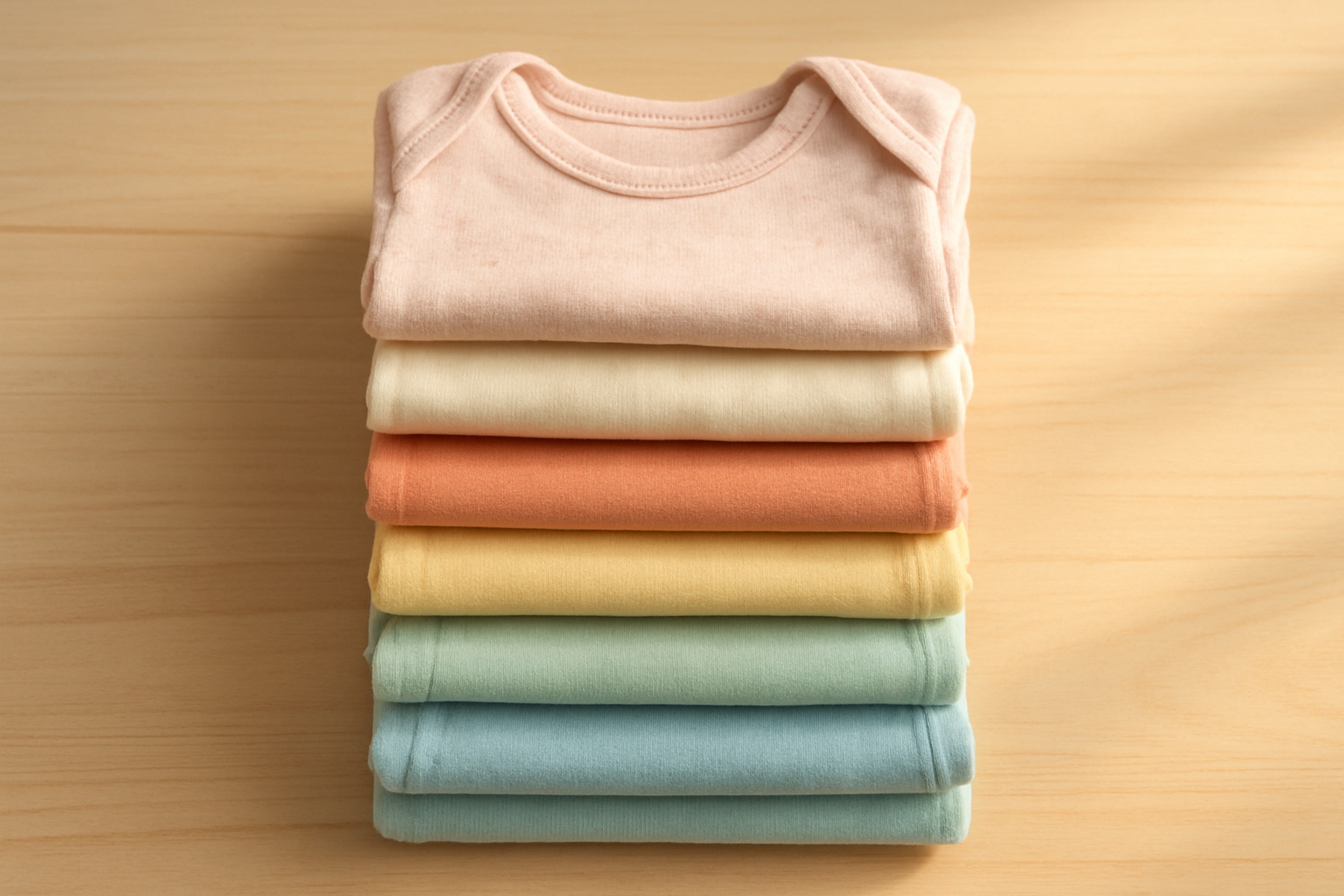 Curated baby wardrobe rental service clothing bundles stacked on a wooden surface