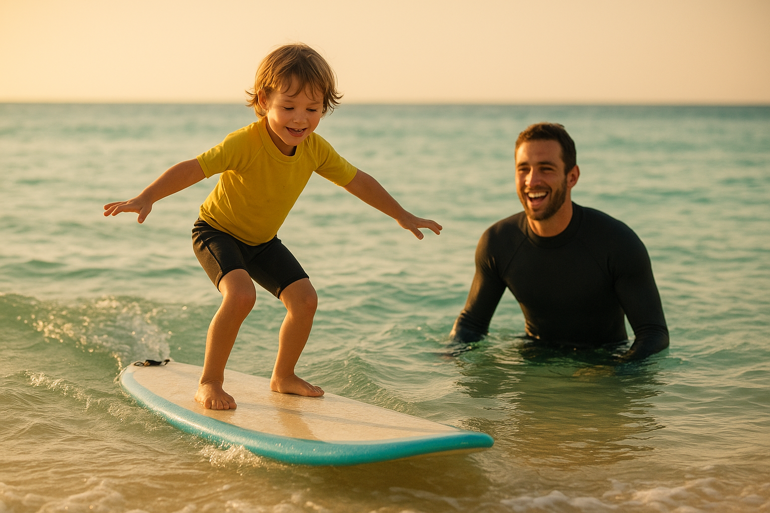 Young surfer practicing balance during youth surf development programs Oahu lesson
