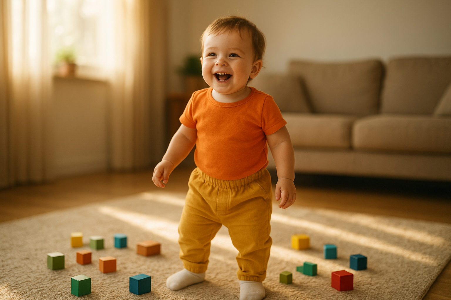 toddler wearing a freshly rented children's outfit in a sunny home setting
