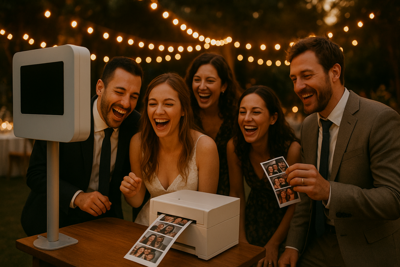 2 hour photo booth rental with prints station at a wedding reception with guests collecting printed photos