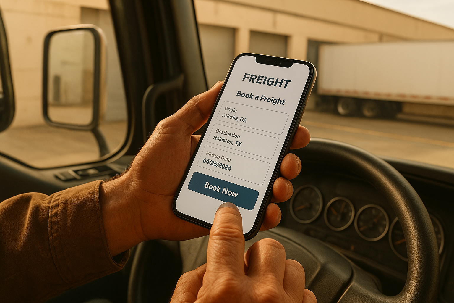 Truck driver accepting a load through a freight matching app similar to uber freight