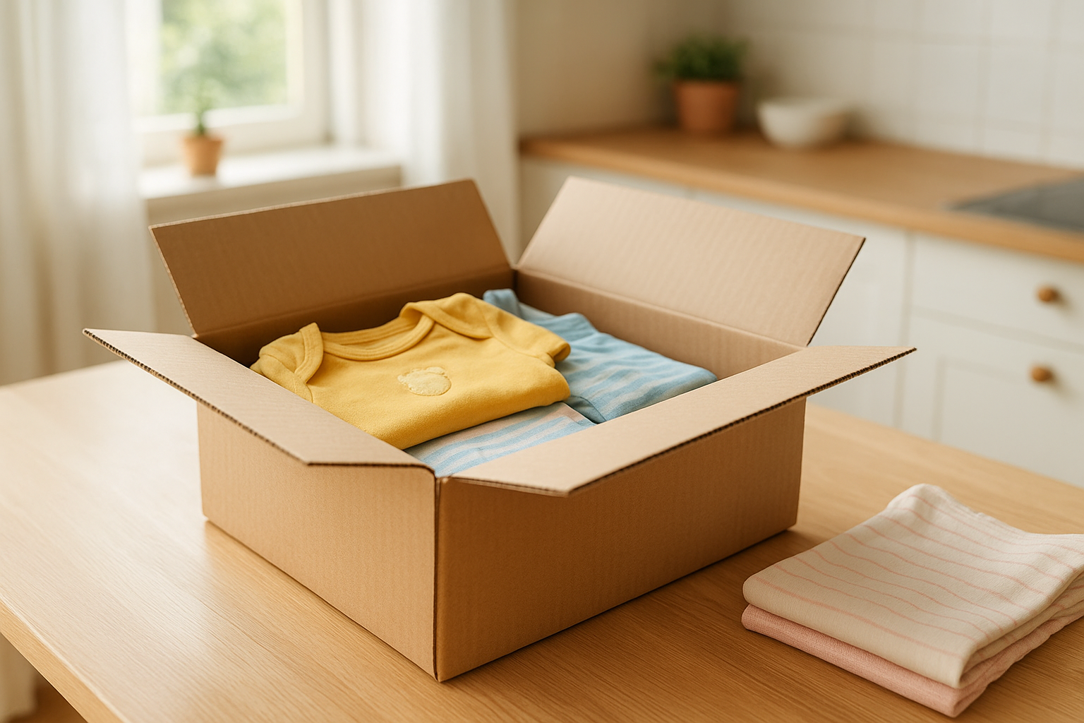 Shipping box being packed with children's apparel for a two-way clothing exchange return