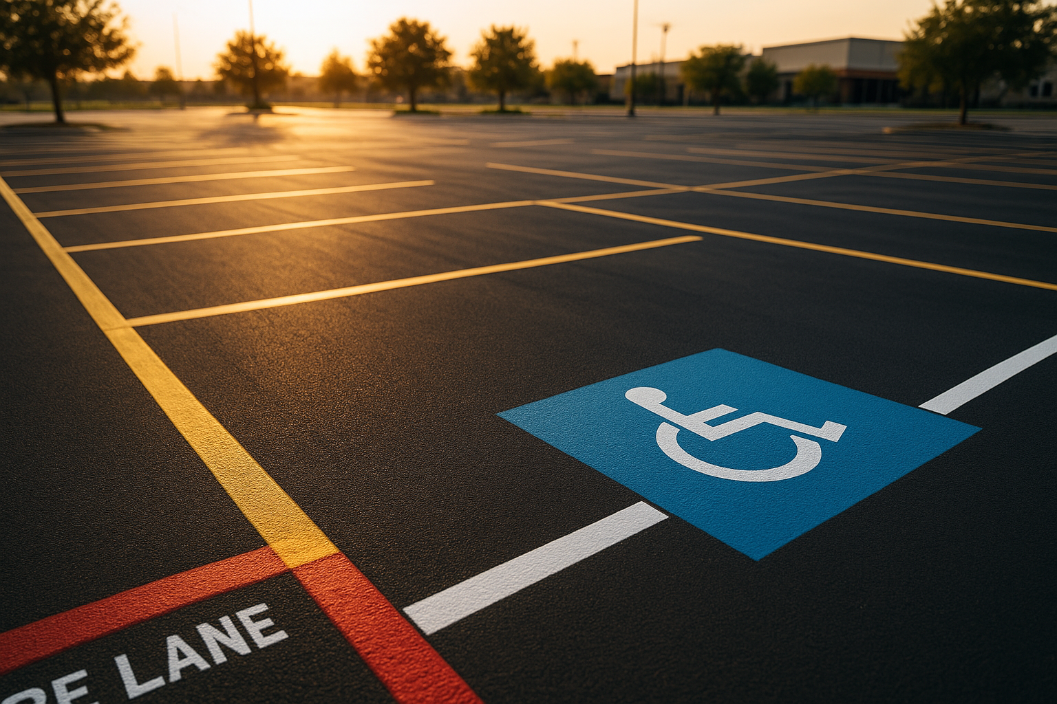 Precise parking lot line striping Plano project showing fresh yellow lines and ADA accessible stall on commercial asphalt