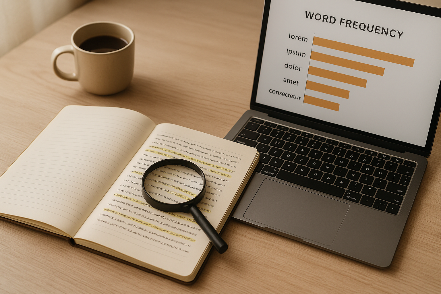 Notebook with highlighted text illustrating the process of finding keywords in text