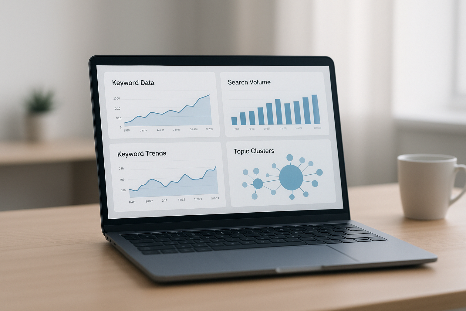 Dashboard showing automated keyword research tools analyzing search volume and keyword clusters