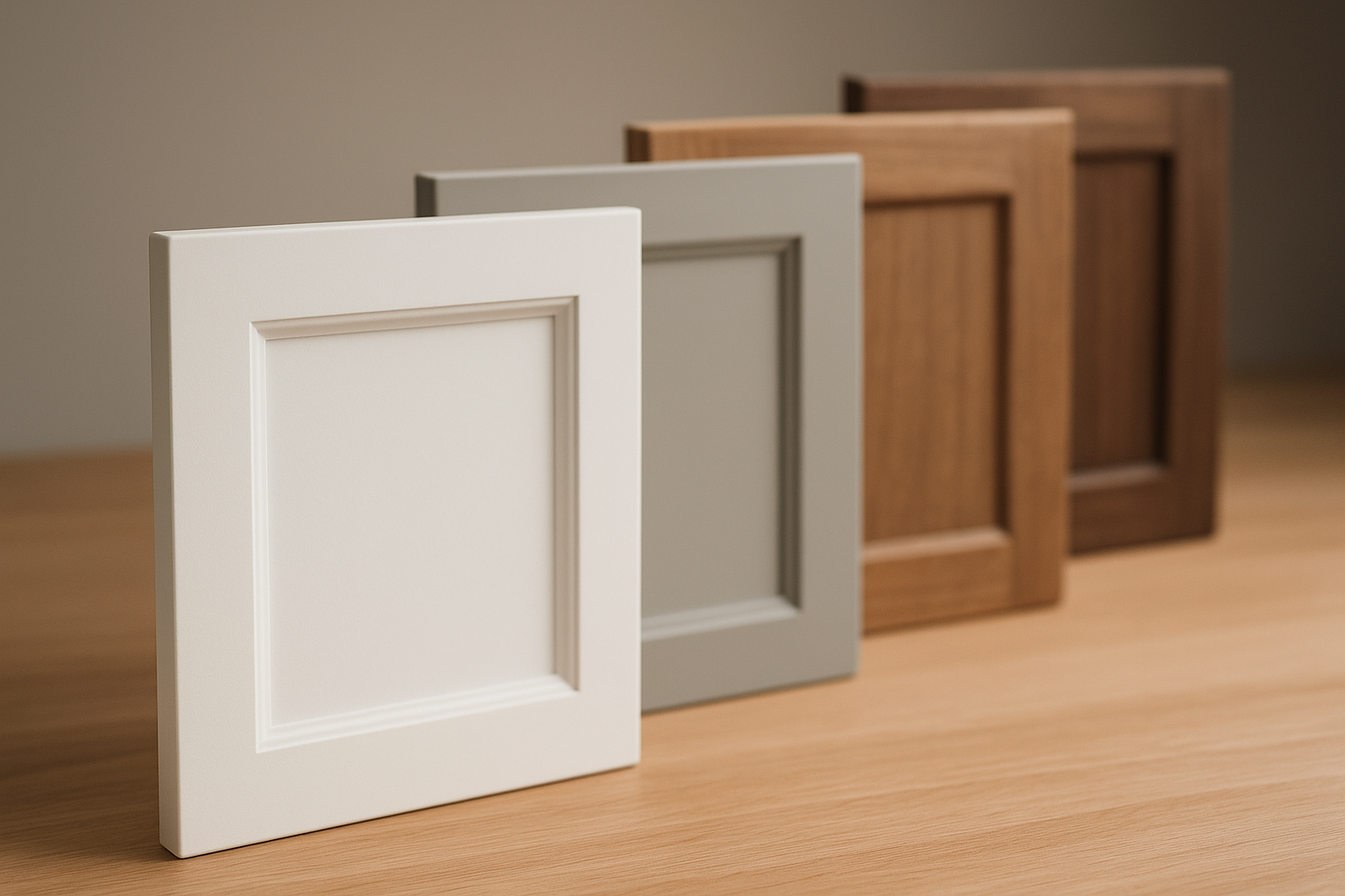 Cabinet door finish samples showing style options for kitchen cabinet refacing