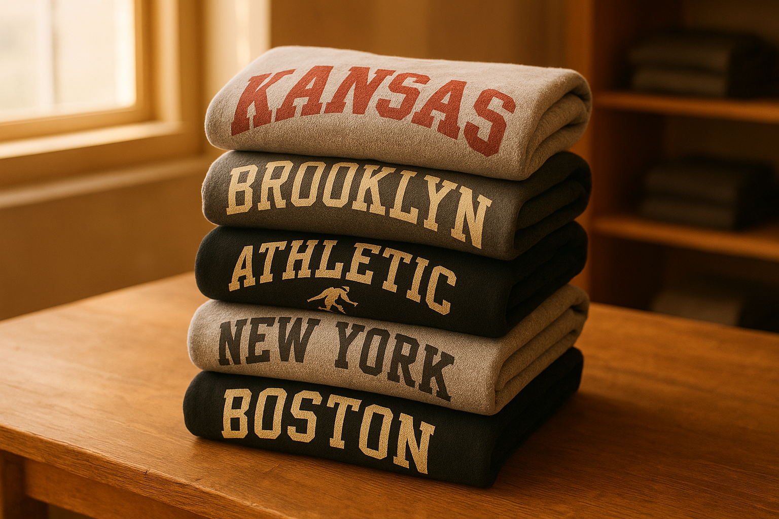 Stack of folded custom printed sweatpants featuring different vintage-inspired designs