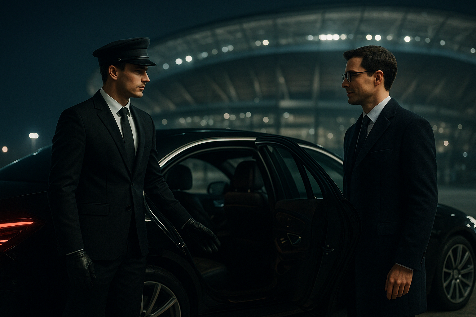 Professional chauffeur opening the door for a guest arriving at SoFi Stadium