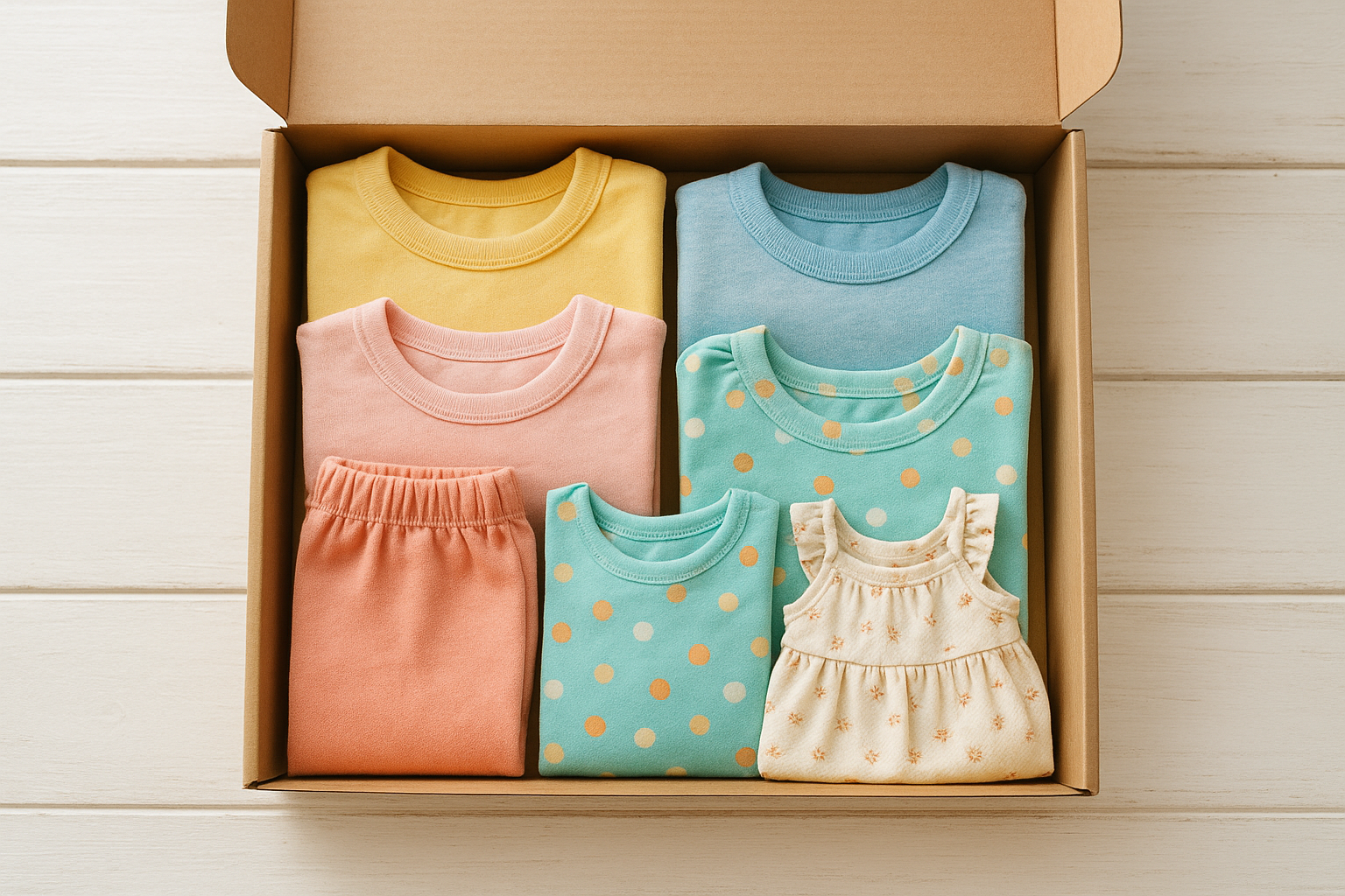 Curated kids clothing rental online bundle in an open mailer box ready for delivery