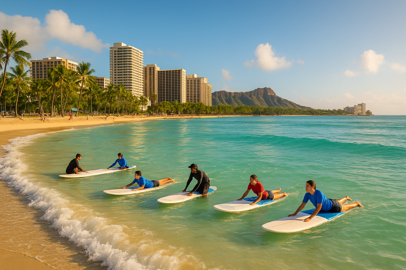Beginner surfers enjoying surf lesson packages at Waikiki Beach with instructors in the water