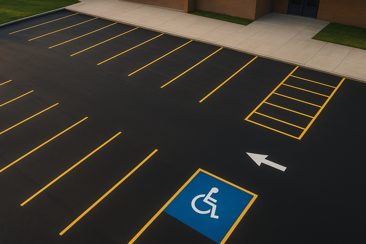 Freshly painted parking lot striping for schools Denton TX with ADA accessible stall markings