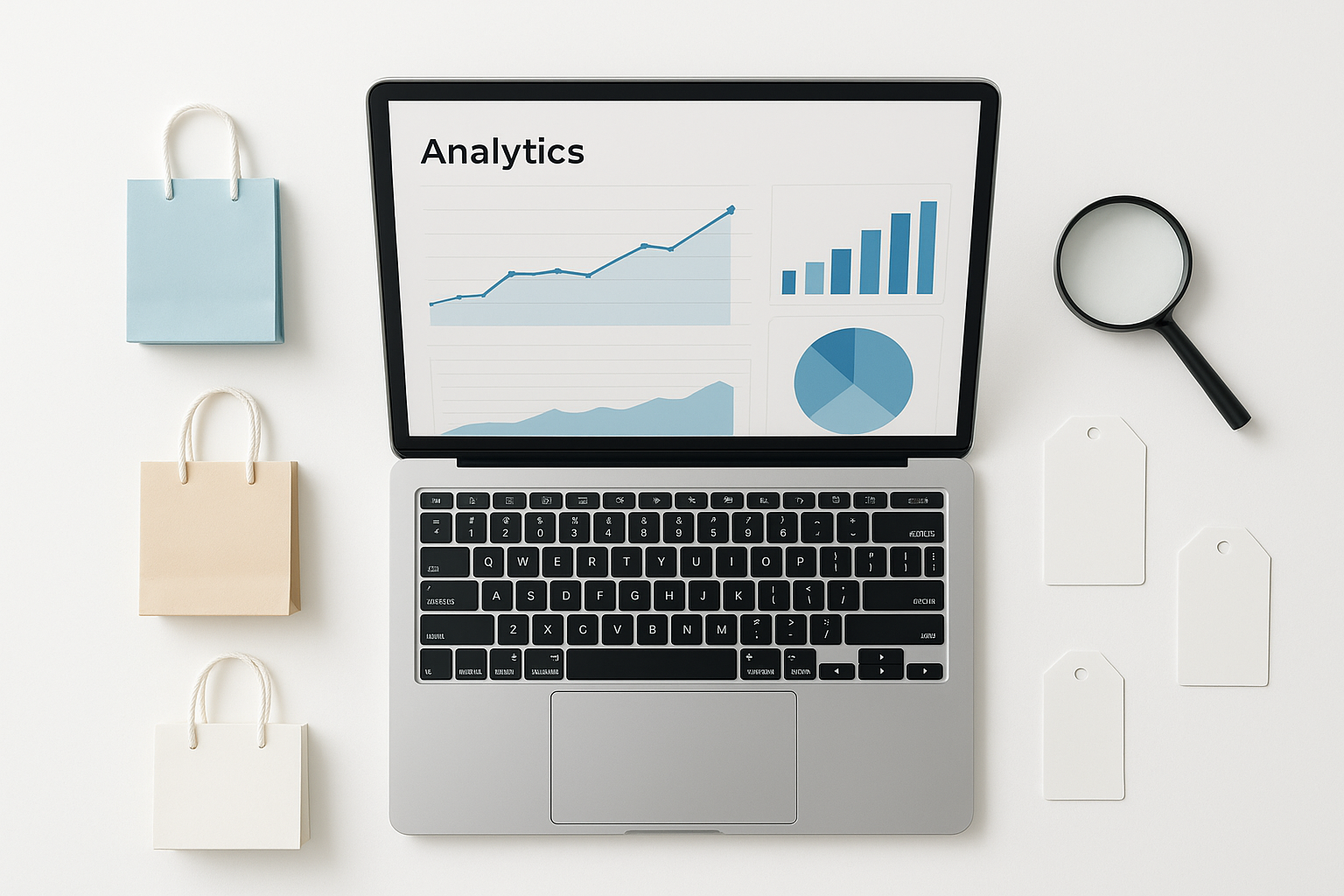 SEO for e-commerce platforms illustrated by an analytics dashboard showing rising organic traffic for an online store