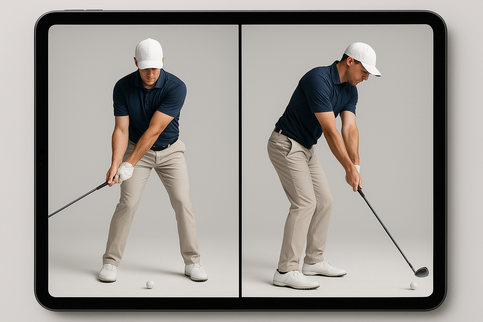 Split-screen video comparison used to analyze golf swing mechanics for remote coaching
