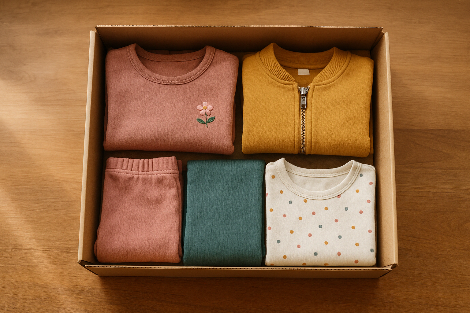 Kids clothing rental box opened on a wooden table showing folded children's outfits