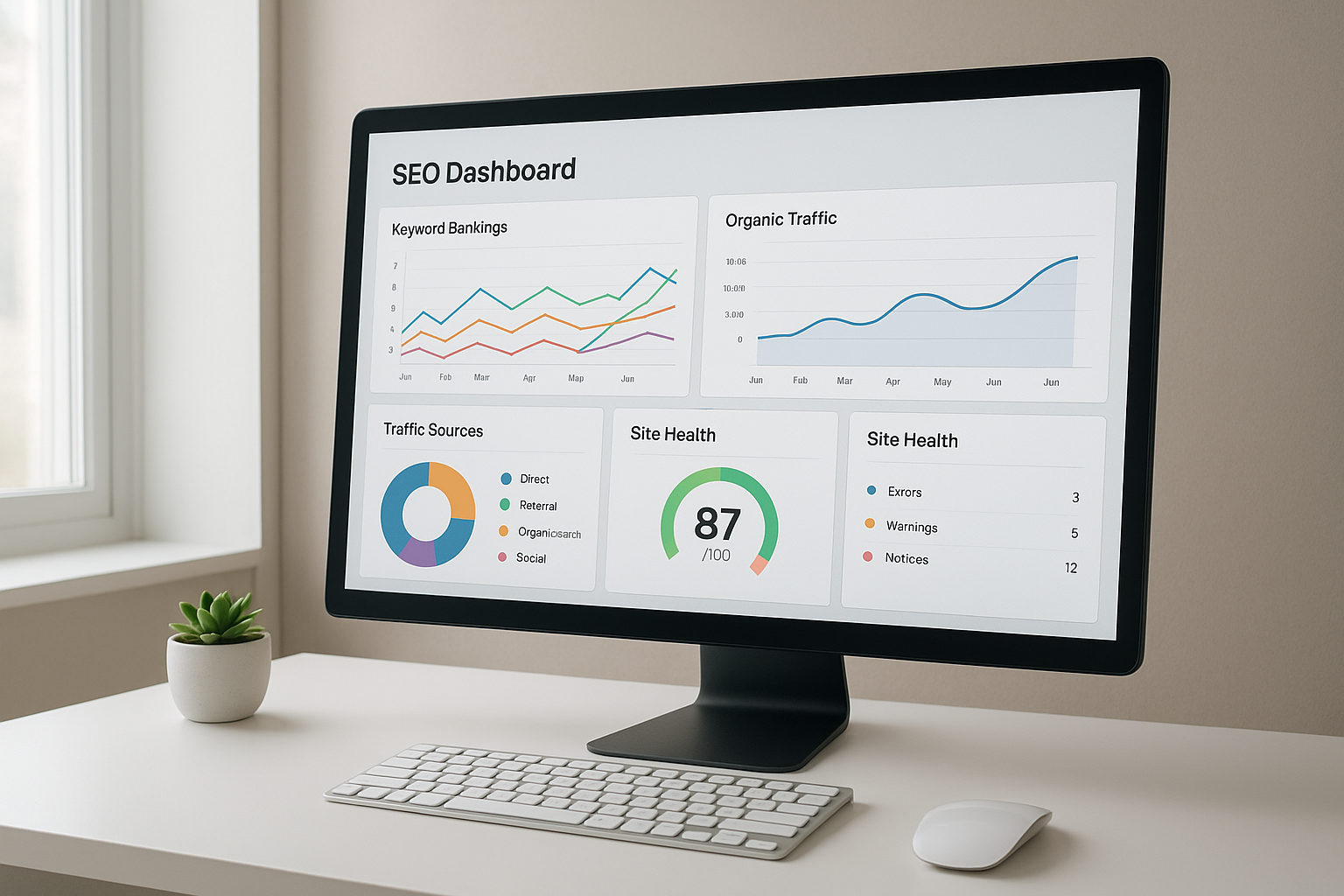 Search optimization tool dashboard showing keyword rankings and site health metrics