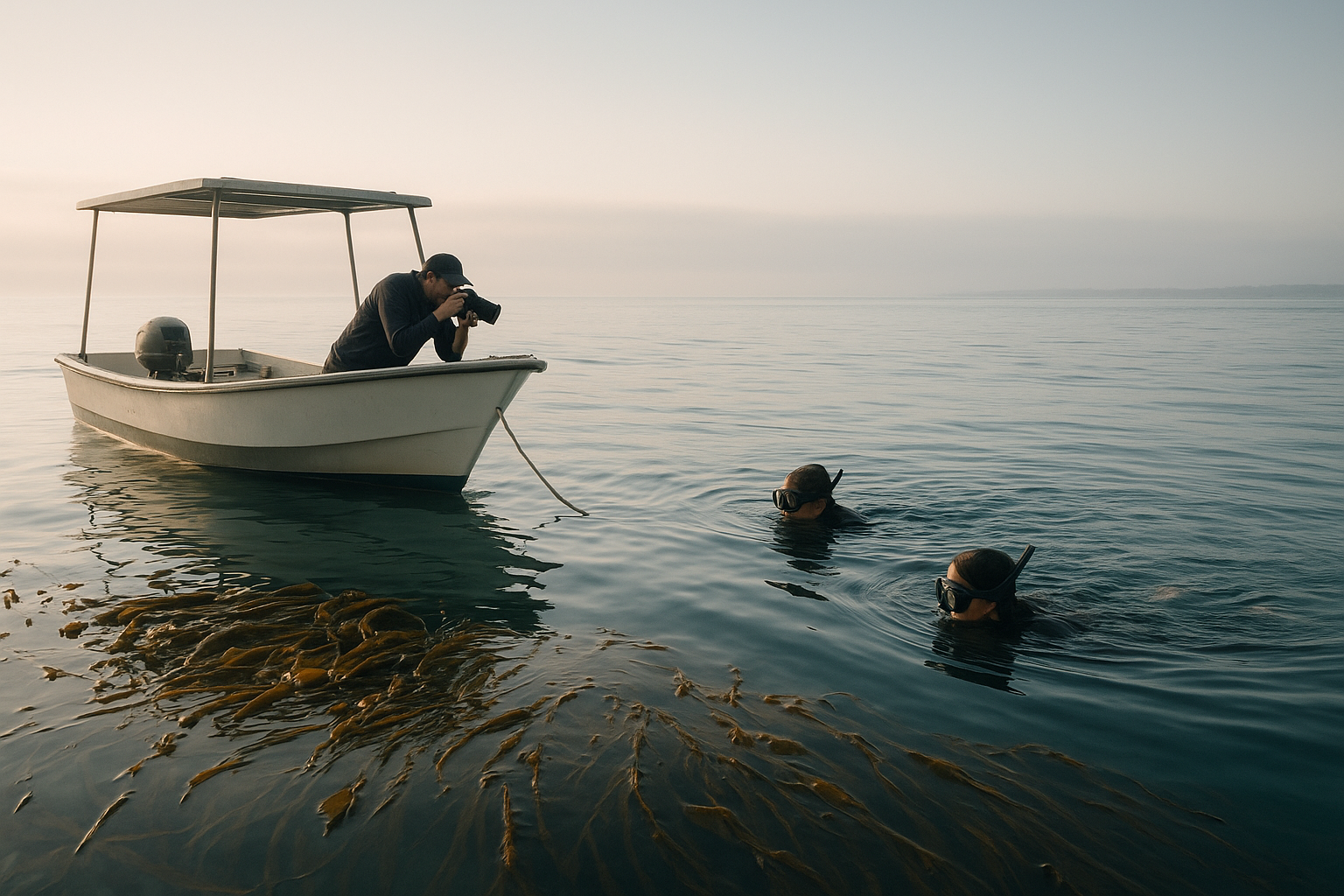 Snorkelers and photographer aboard a small boat during snorkeling and photography boat tours san diego