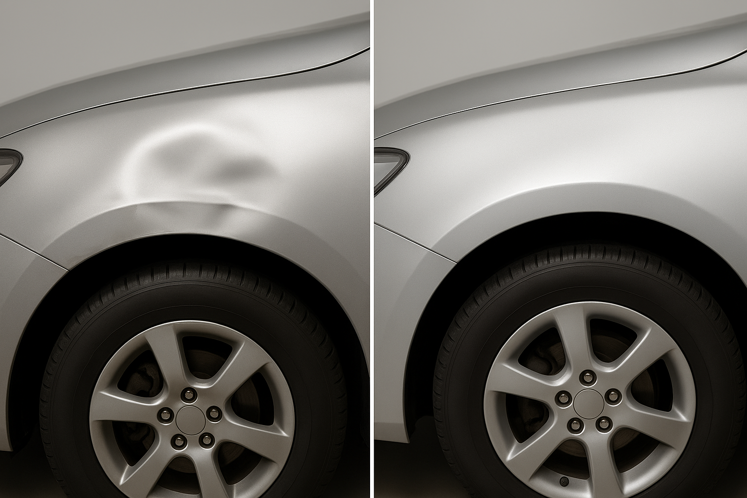 Before and after comparison showing results of a completed fender repair
