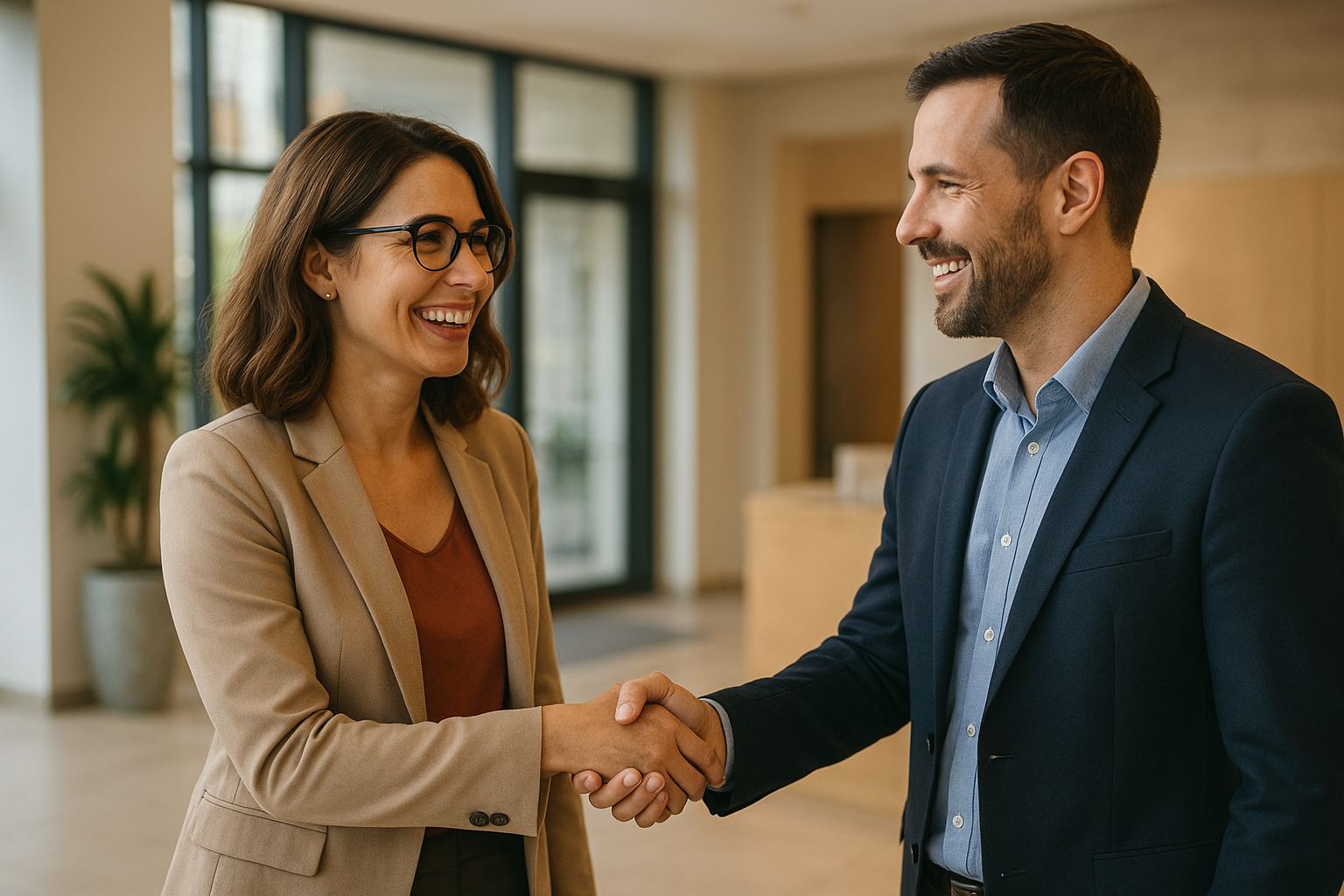 Small business owner shaking hands with a human resources provider after signing a partnership agreement