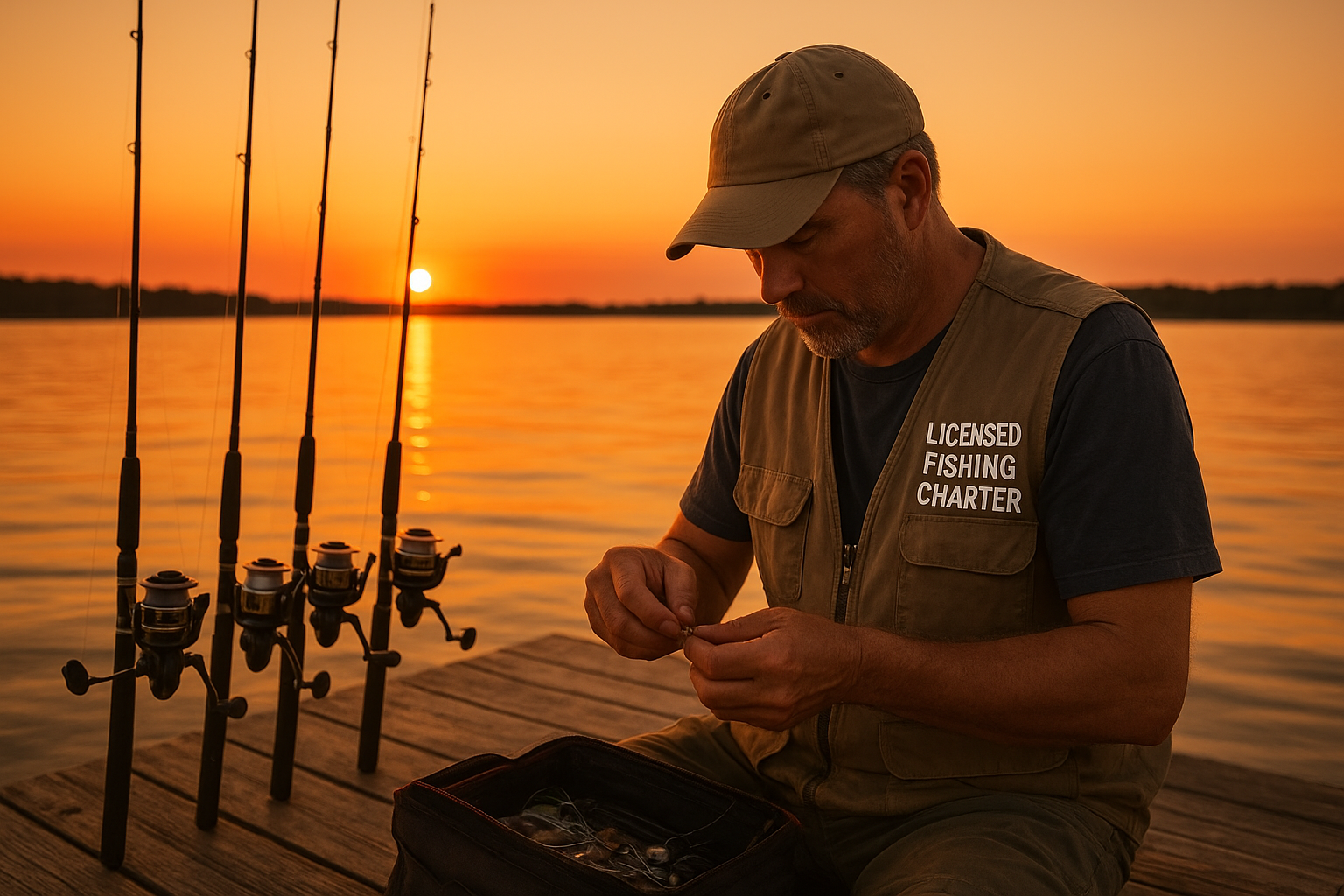 Licensed charter captain preparing rods and tackle before a North Myrtle Beach fishing trip