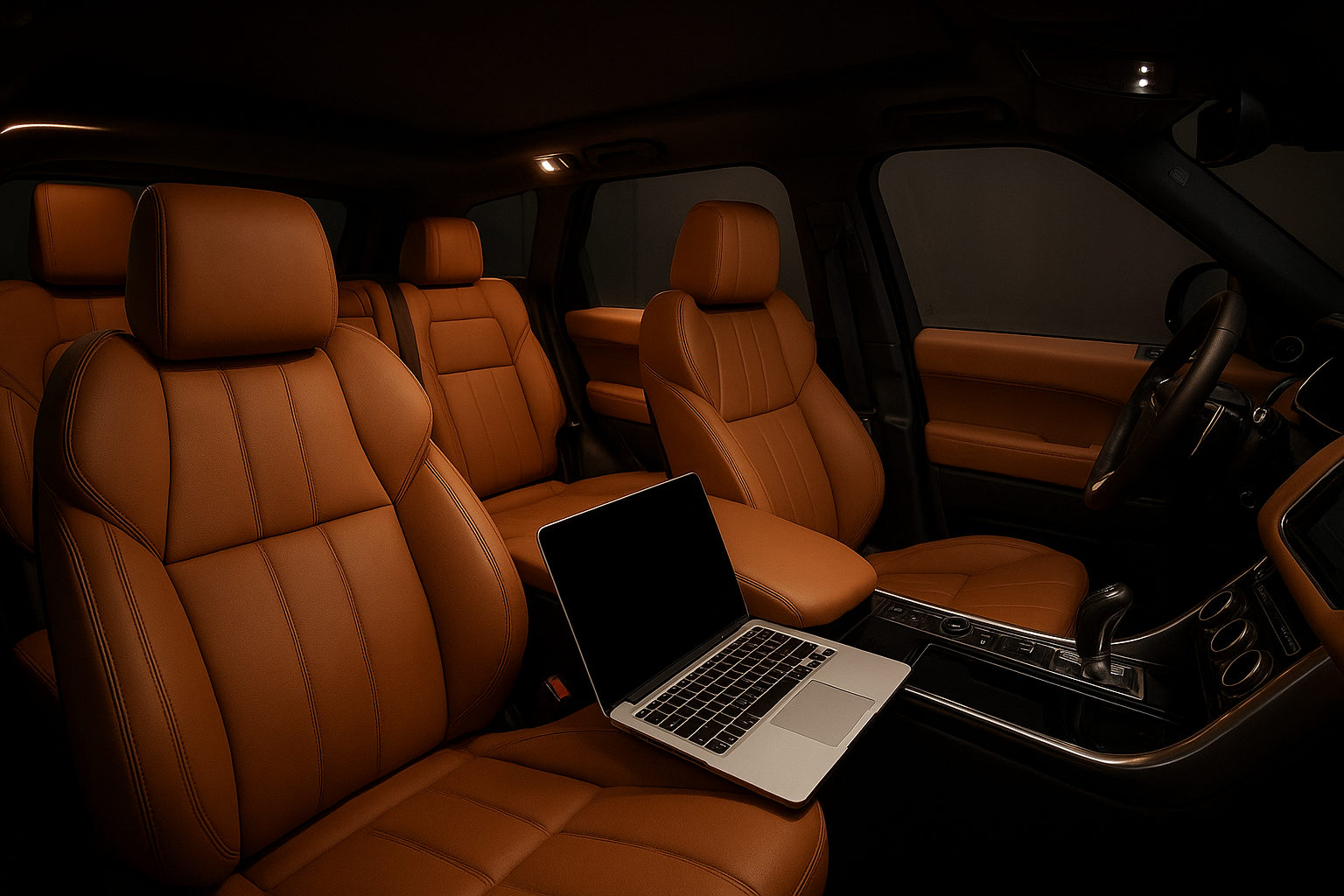 Business traveler workspace inside a corporate chauffeur vehicle interior
