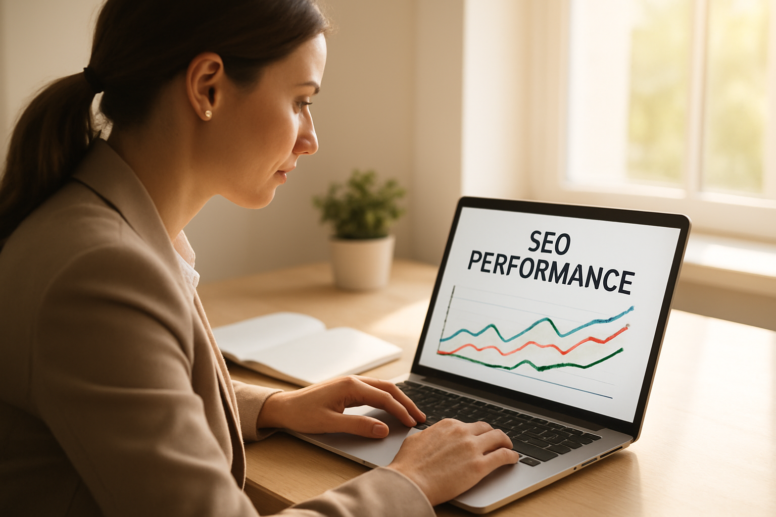 Marketing professional reviewing AI-powered SEO performance reports on a laptop