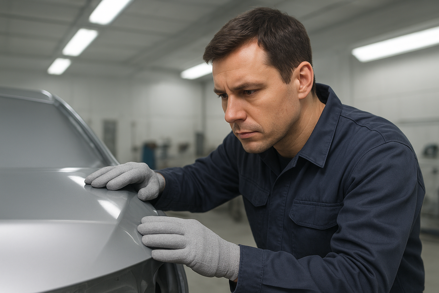 auto body professional inspecting car paint scratch before professional buffing and correction