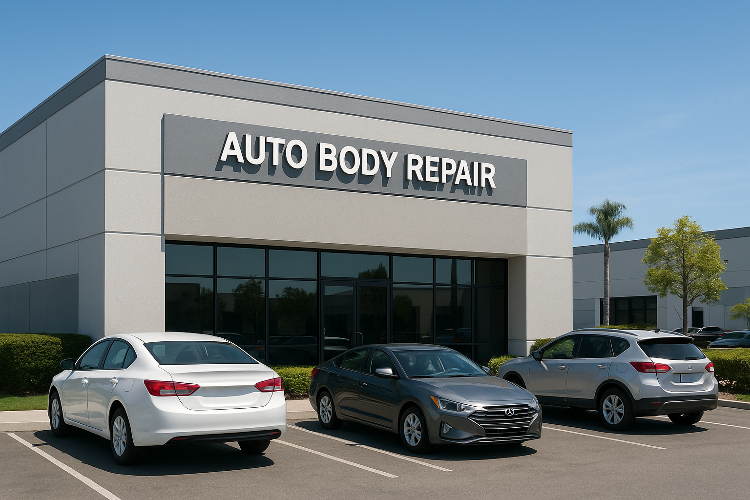 Exterior of a modern auto body repair shop in Southern California