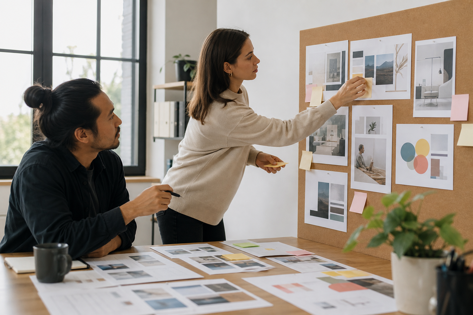Small marketing team arranging unnamed competitor ad mockups on a corkboard