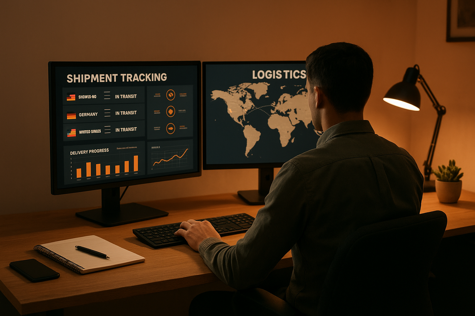 Freight agent coordinating international shipping logistics from a home office workstation