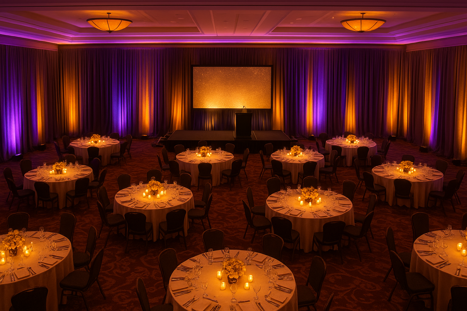 Corporate event gala with professional staging, uplighting, and LED backdrop from a full-service AV company