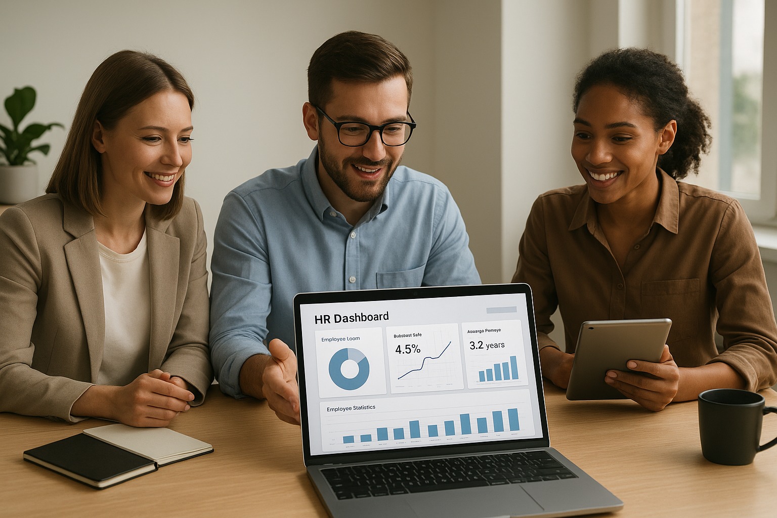 Small business team reviewing an hr system cloud dashboard on a laptop