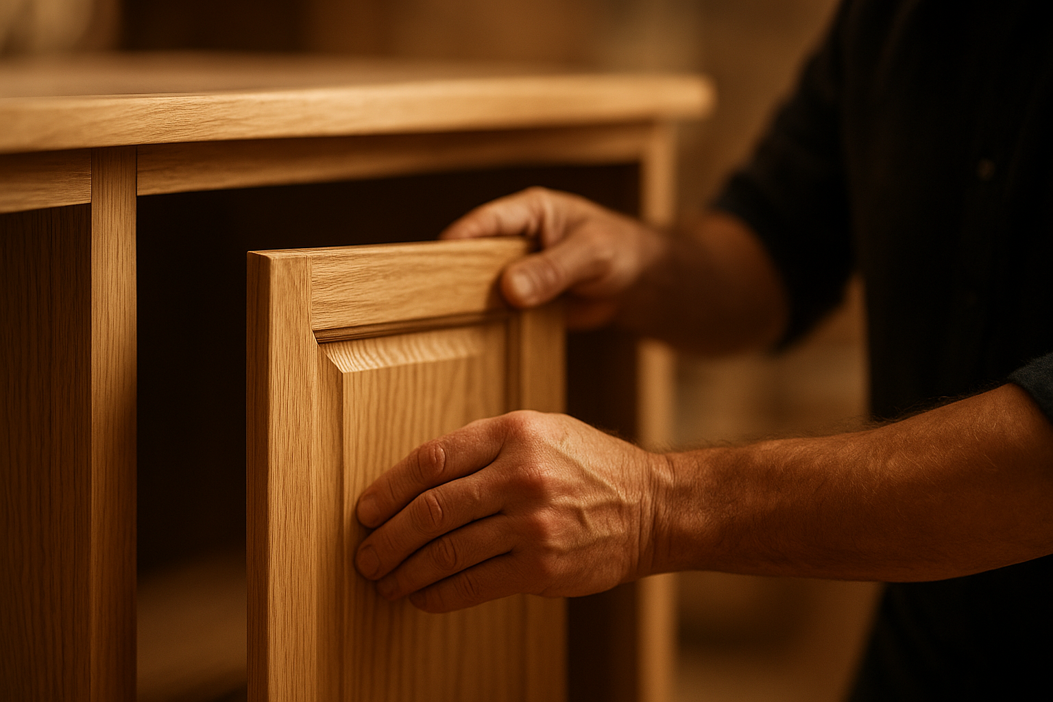Contractor installing a refaced cabinet door front during a kitchen update