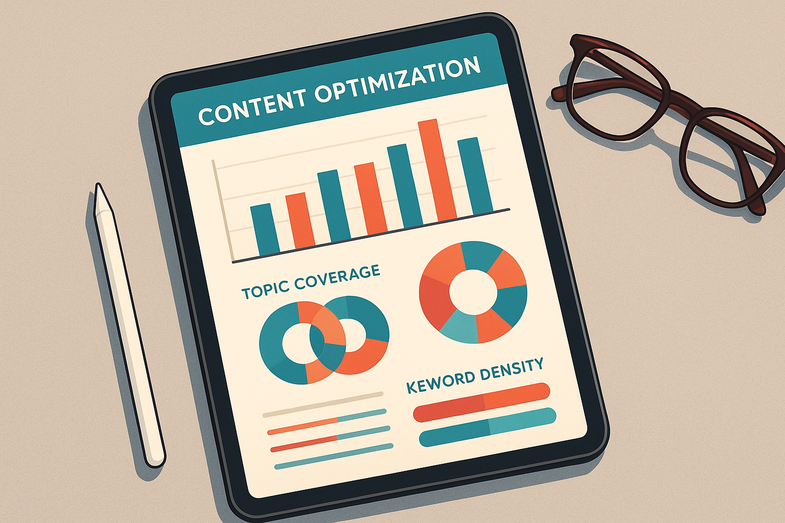 Content optimization interface on a tablet showing topic coverage and keyword scoring metrics