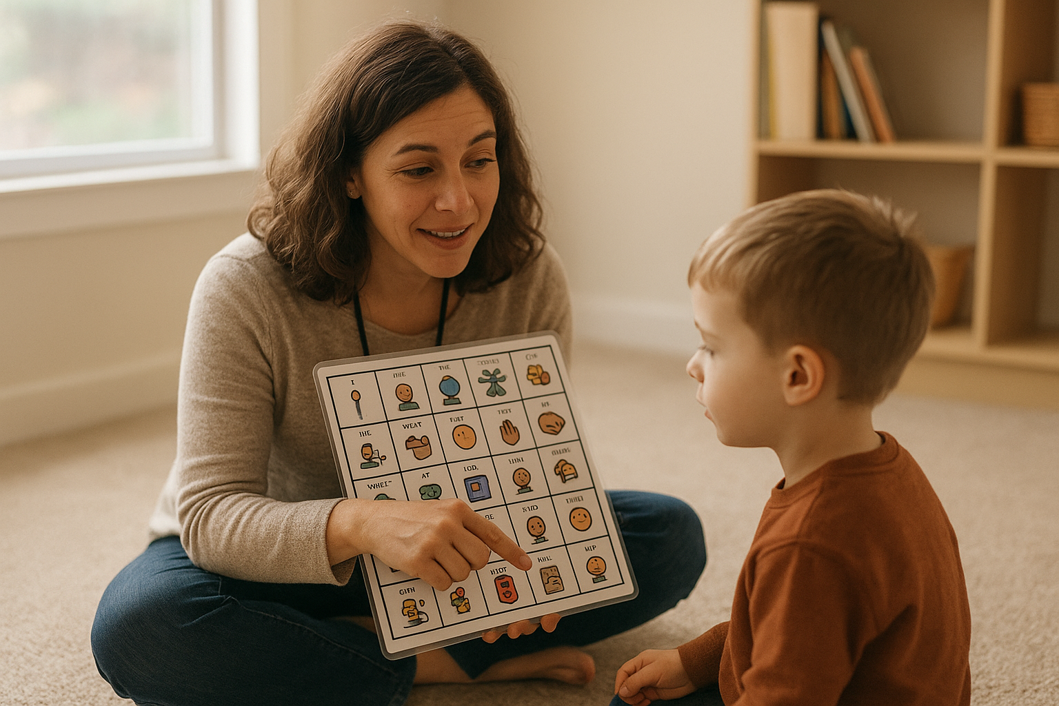 Speech-language pathologist modeling a core word during a therapy session