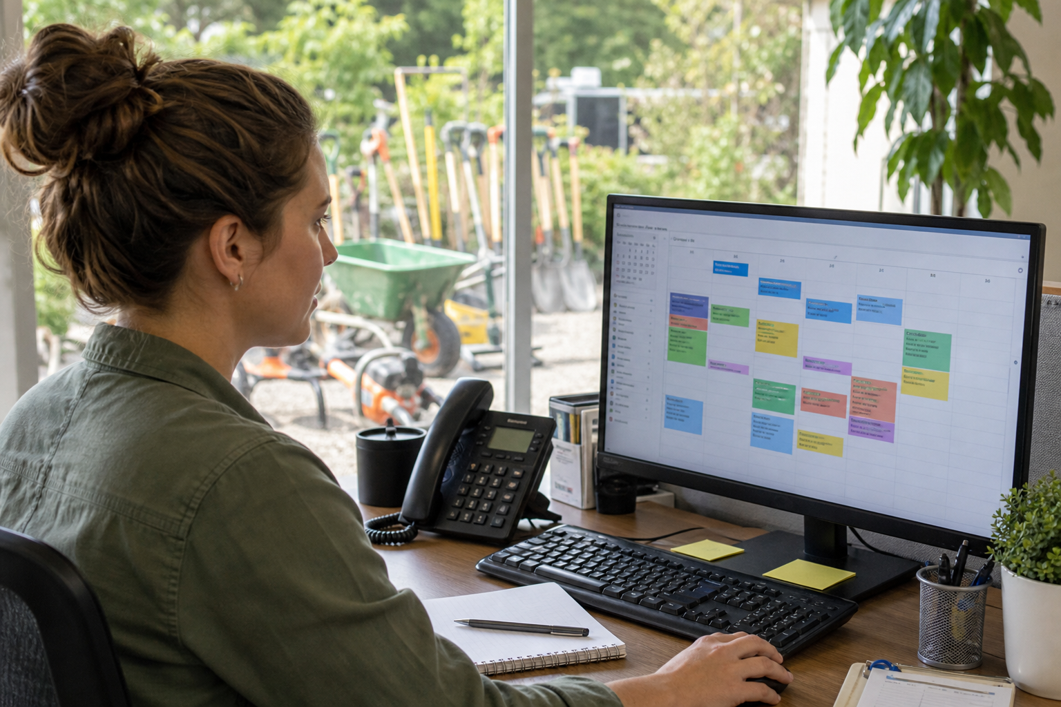 Dispatcher using a drag and drop calendar in landscape scheduling software to assign crews