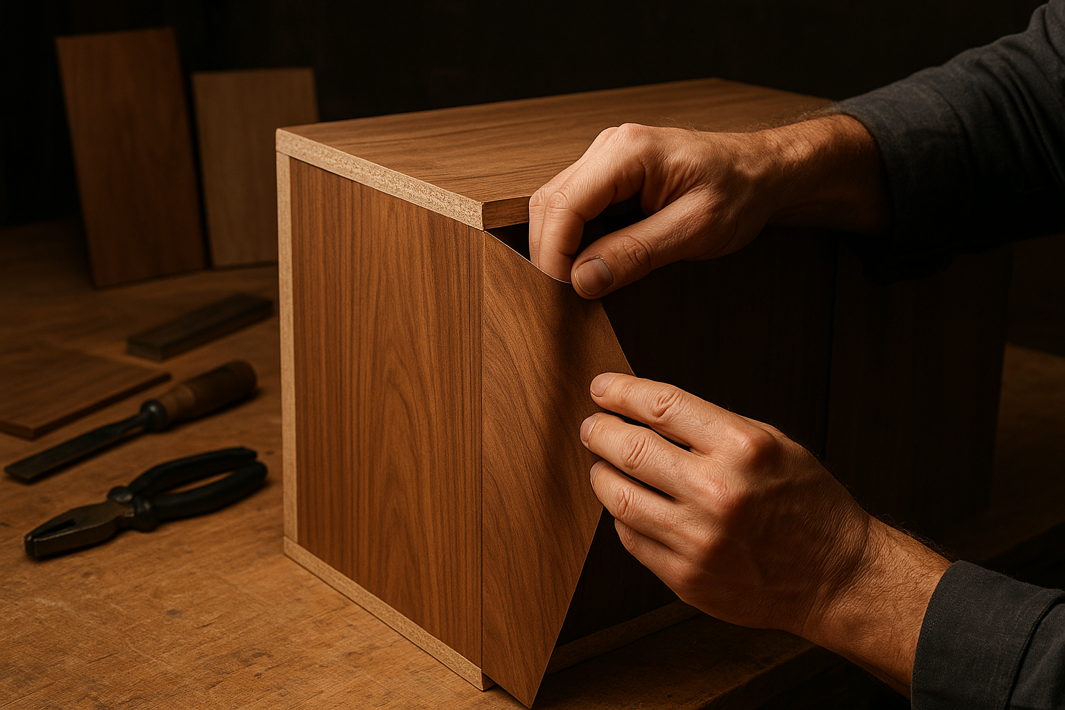 Craftsman applying wood veneer to a cabinet box during a refacing project